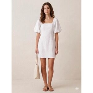 SNDYS Tuscany Dress White Puff Sleeve Smocked Back Mini Dress SED345 Size L NEW